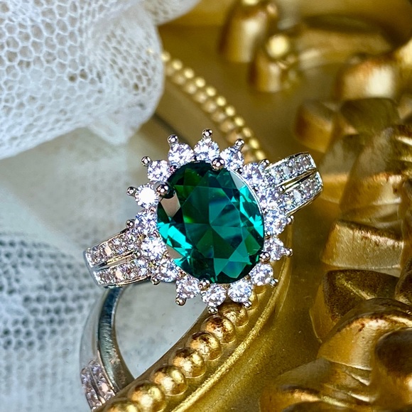Engagement Oval Cut Emerald CZ Ring in Sterling Silver - Picture 6 of 13